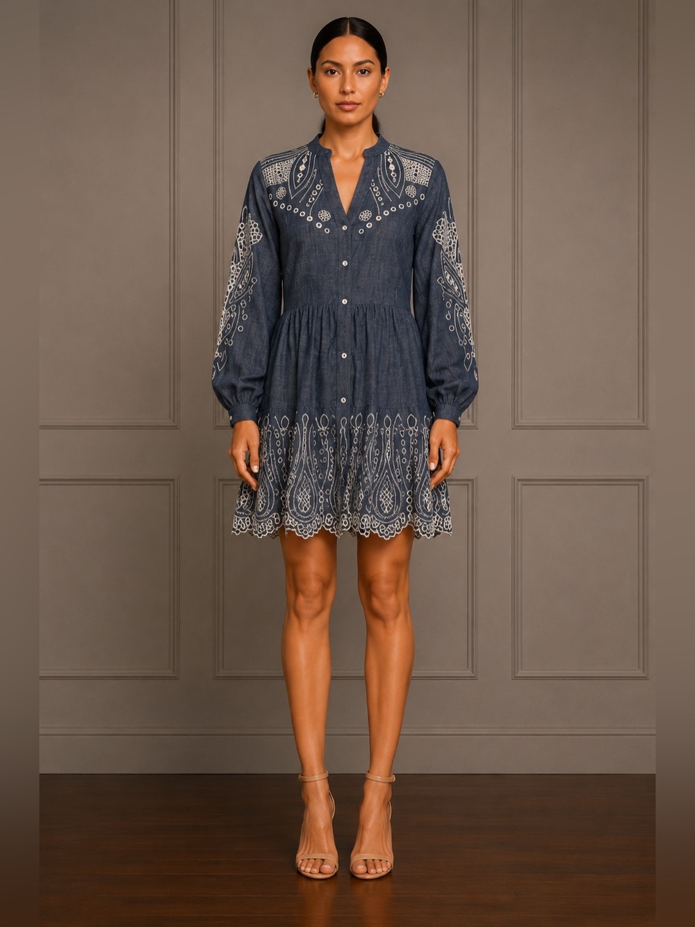 Veronica Beard Blue Embroidered Eyelet Cotton Shirt Dress XS Mini